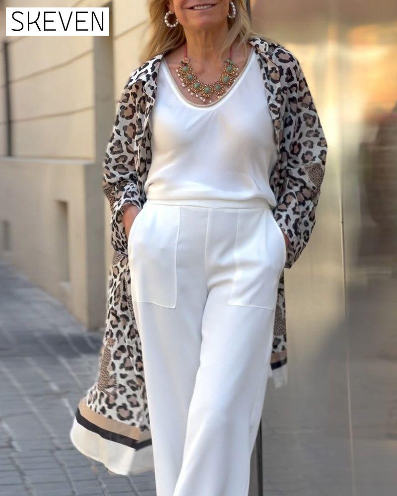 Lässiger langer Mantel mit Leopardenmuster und Revers