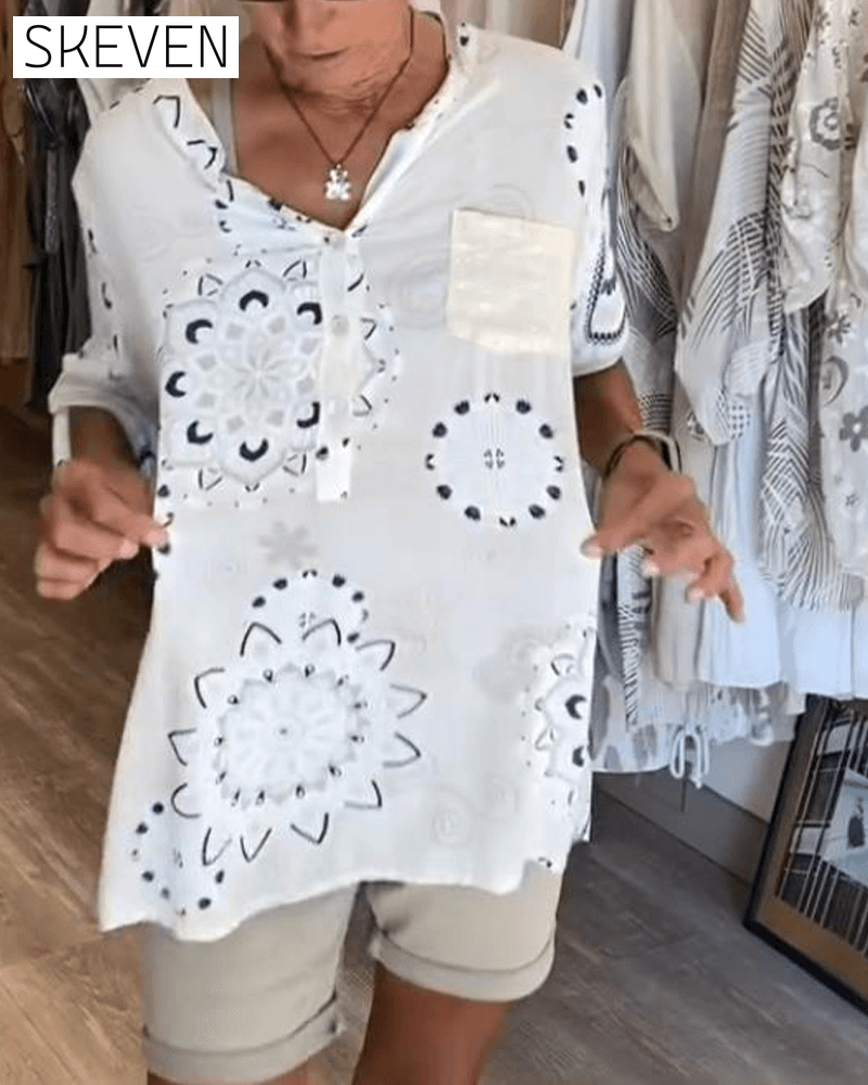 Versatile V-Neck Printed Half Sleeves Blouse