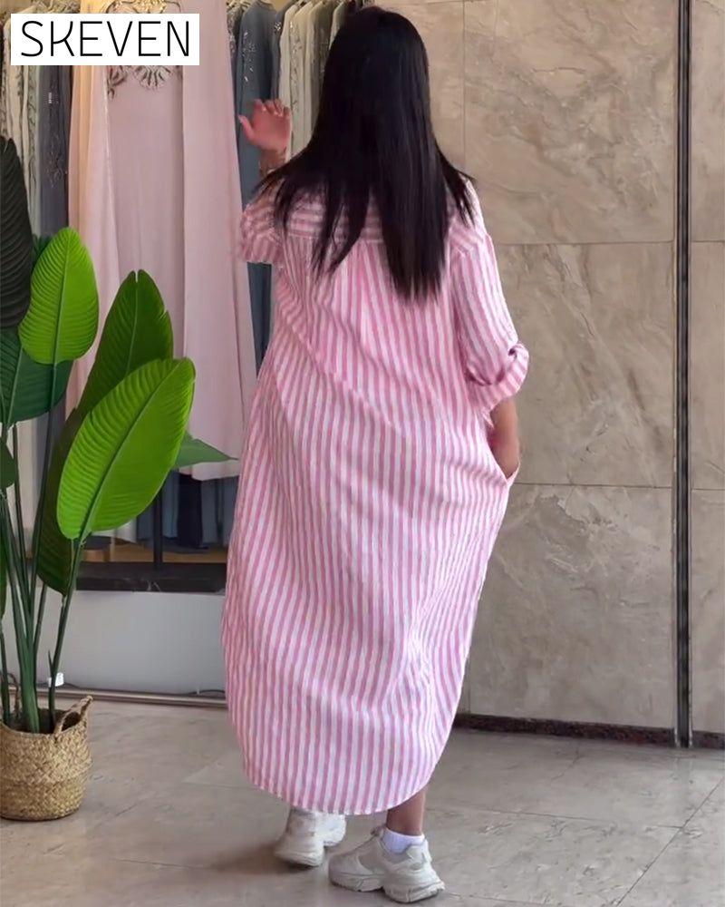 Loose Lapel Striped Dress
