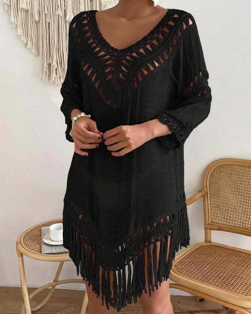 V-Neck Solid Color Hollow Cover Up