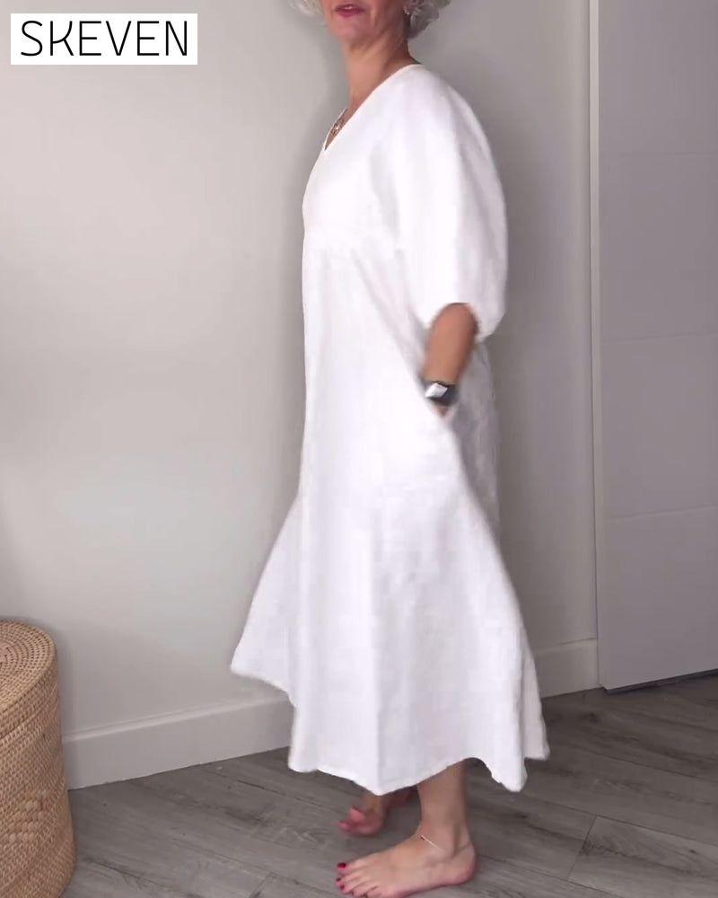 Casual solid color V-neck lantern sleeve dress casual dresses cotton and linen spring summer