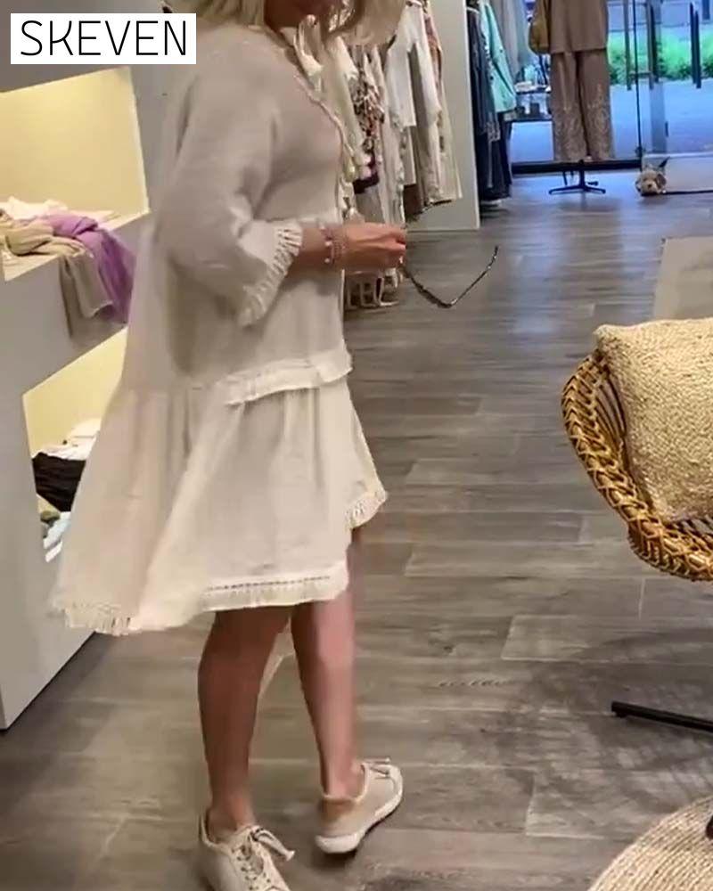 robe décontractée à franges et col en V en dentelle