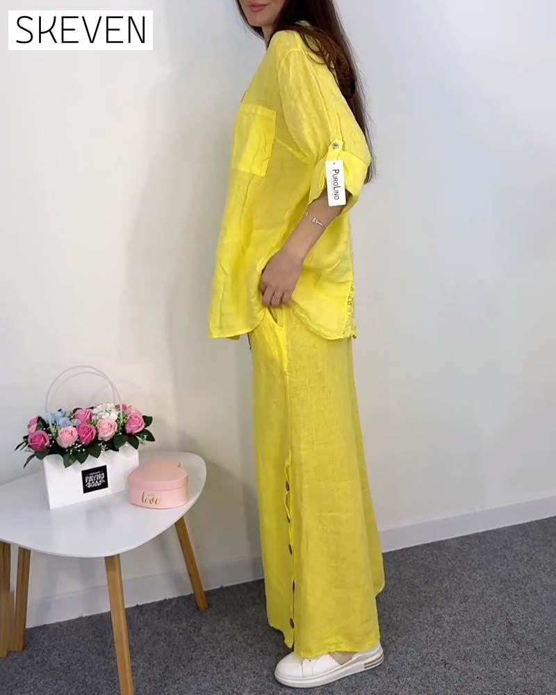 Solid color button pocket lace blouse wide leg pants set