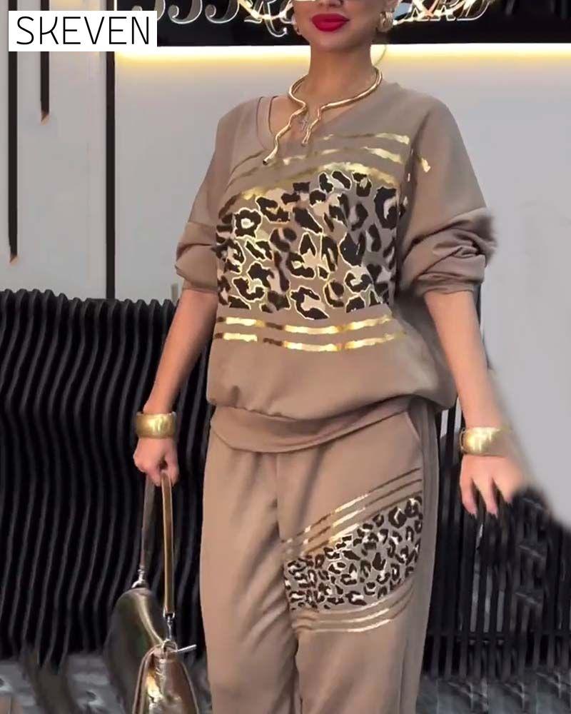 Leopard Print Casual Sweatshirt Set