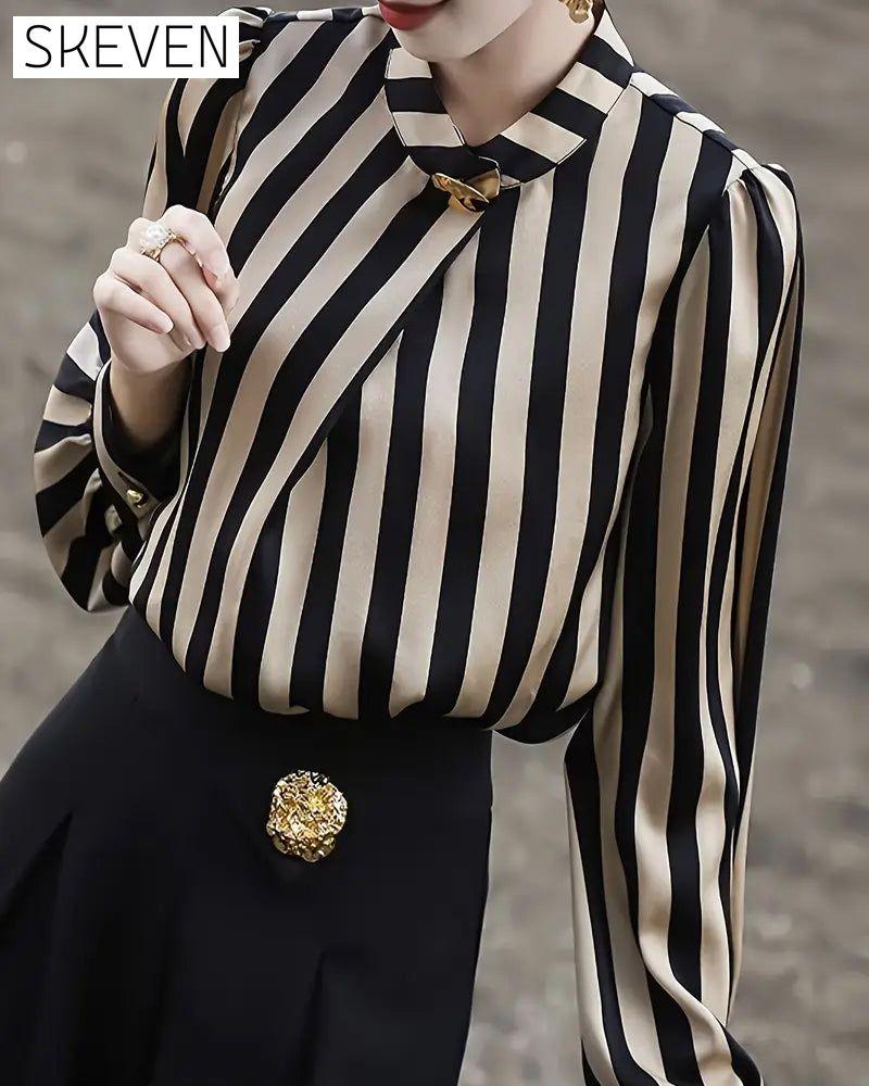 Drape Stand Collar Striped Blouse