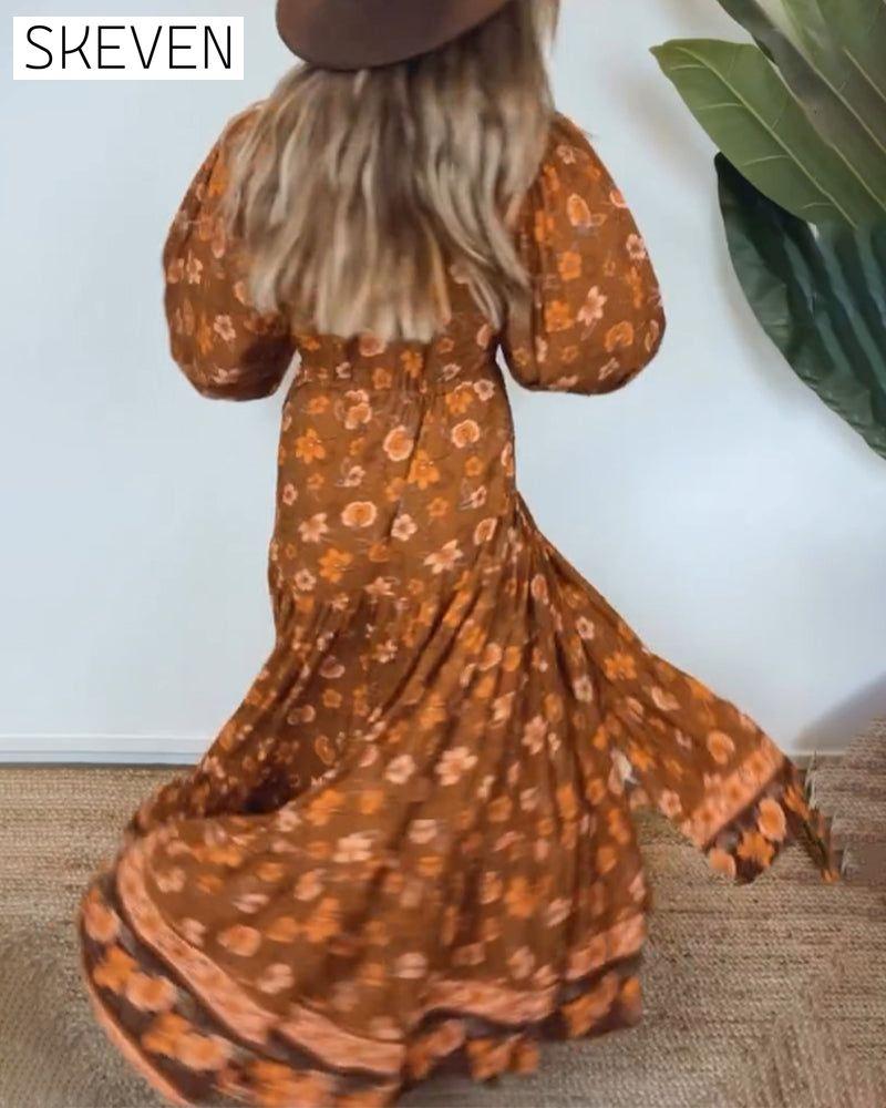 Vintage floral print V-neck lantern sleeve dress