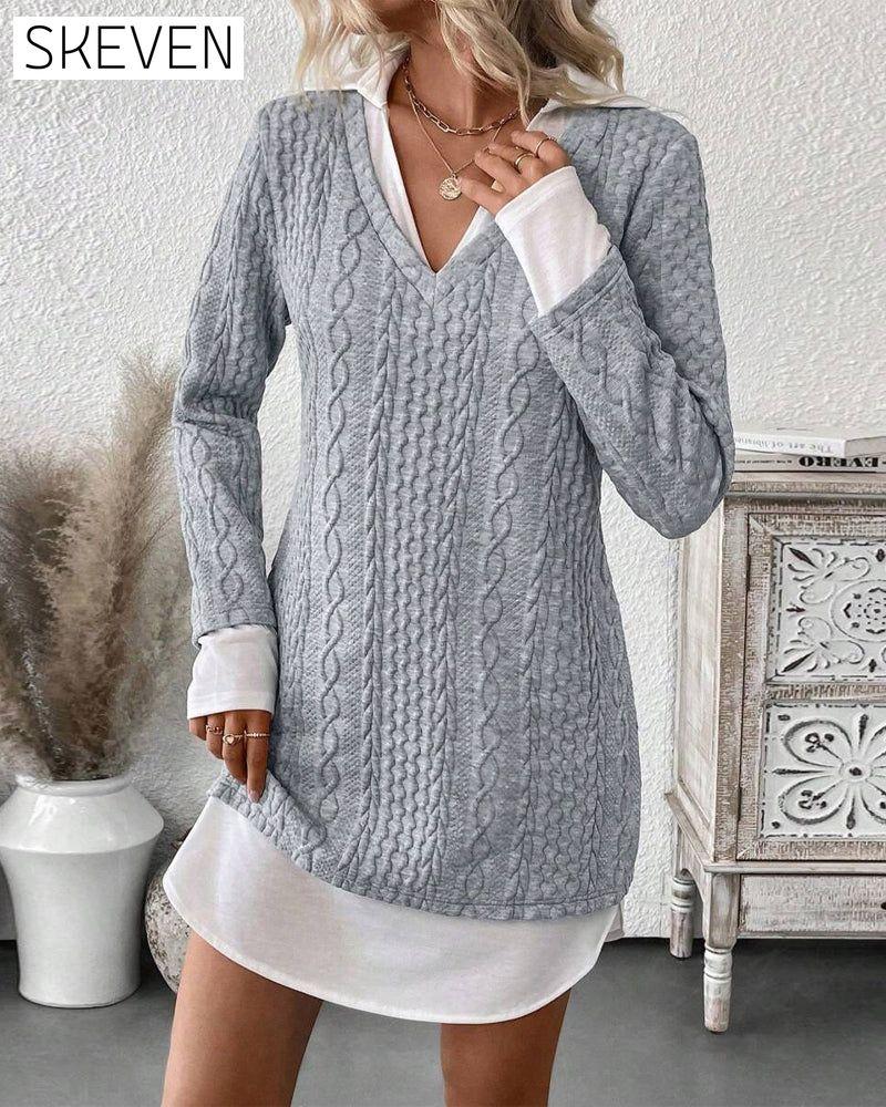 Hemdkragen-Täuschungs-Zweiteiler-Strickkleid