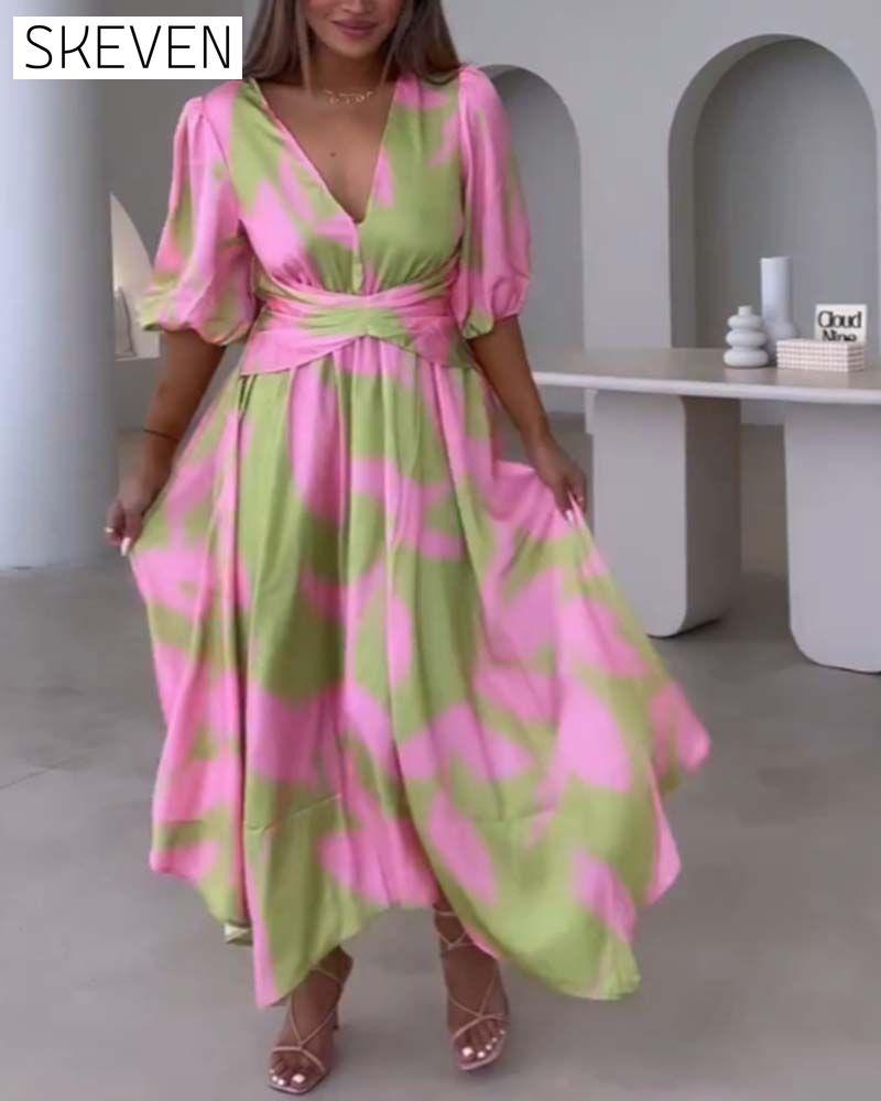 Deep V half-sleeve printed elegant dress casual dresses party dresses spring summer