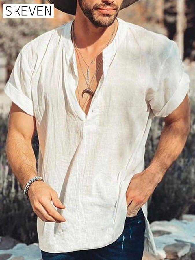 Men's Casual Solid Color Short Sleeve Shirt men s linens