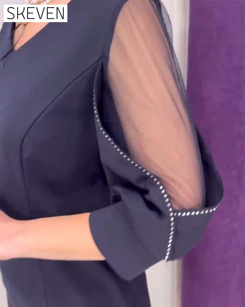 Half-sleeved V-neck Rhinestone Stitching Dress