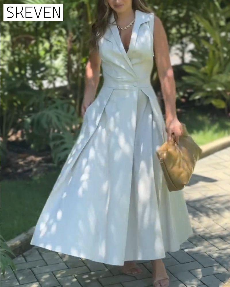 Sleeveless lapel elegant solid color dress