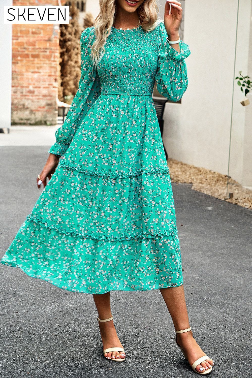 Smocked Flounce Sleeve Midi Dress clothes DY Ship From Overseas trendsi