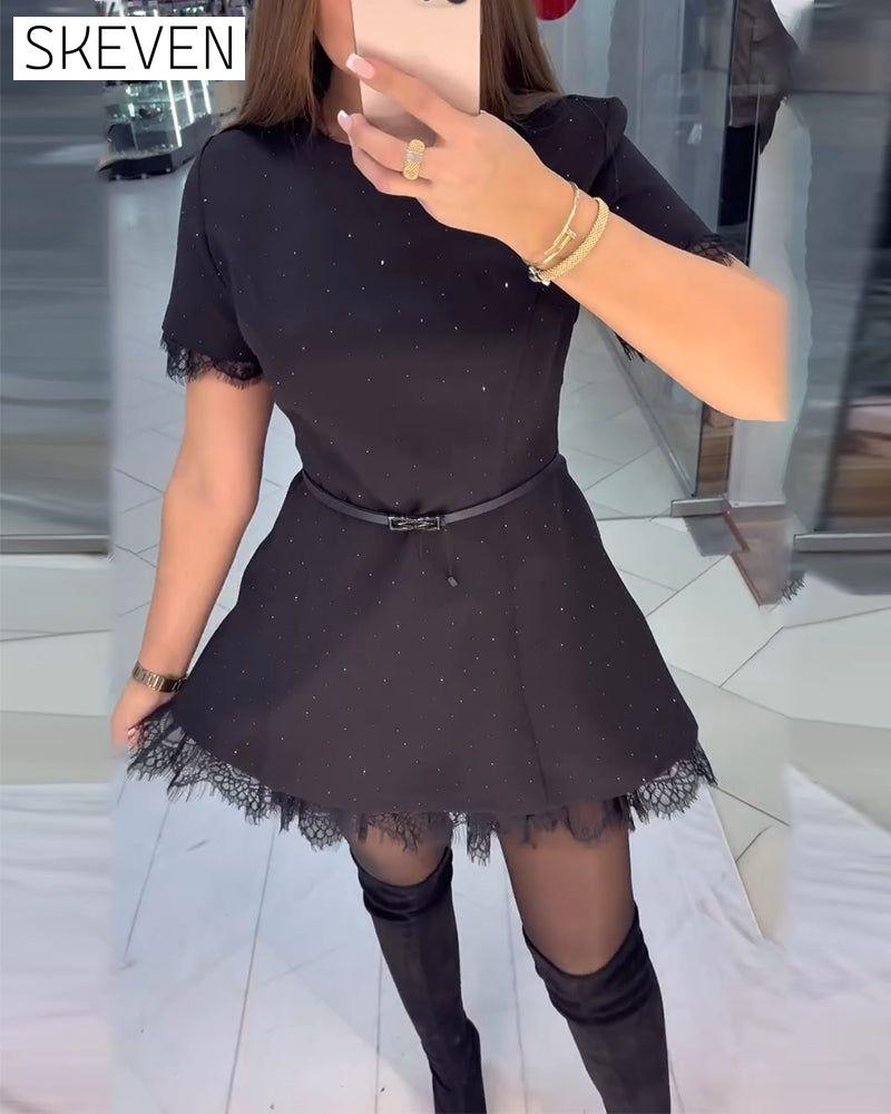 Sparkling Lace Short-Sleeve A-Line Dress