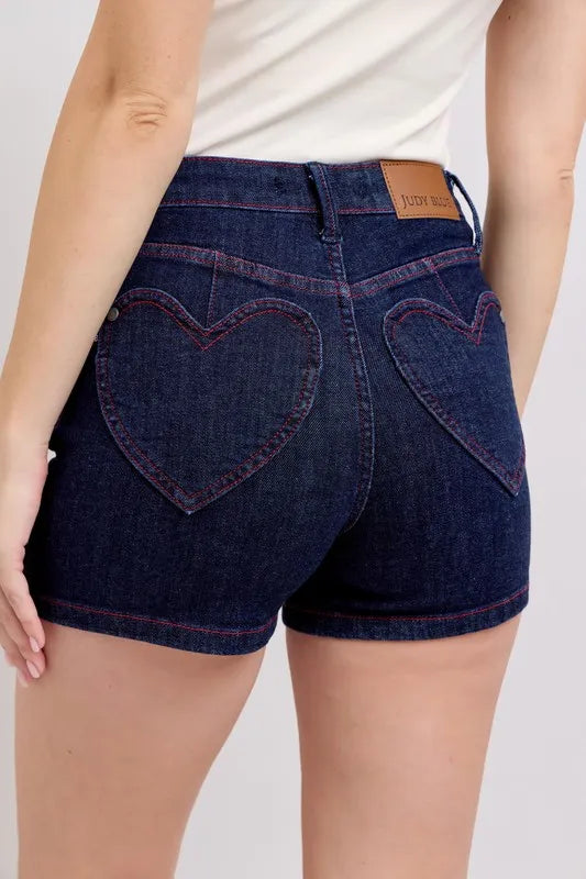 Judy Blue High Waist Heart Shaped Pkts & Red Contrast Thread Denim Shorts
