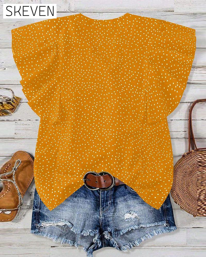 Bluse mit Rüschenärmeln, V-Ausschnitt und Polka-Dots