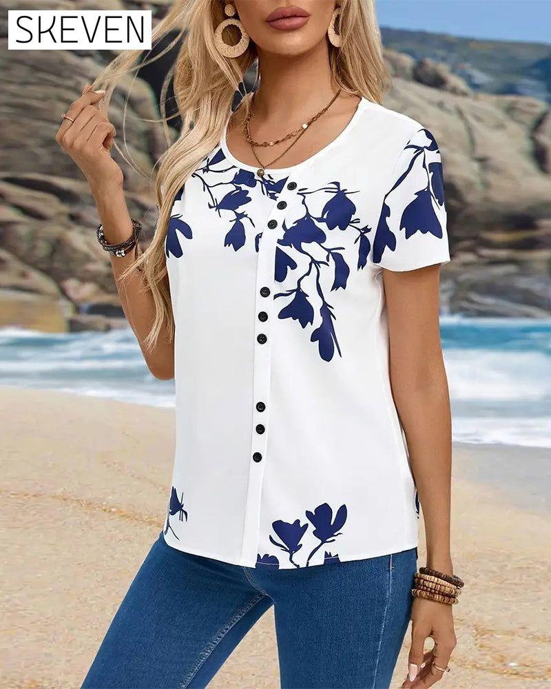 Casual Round Neck Irregular Print T-Shirt
