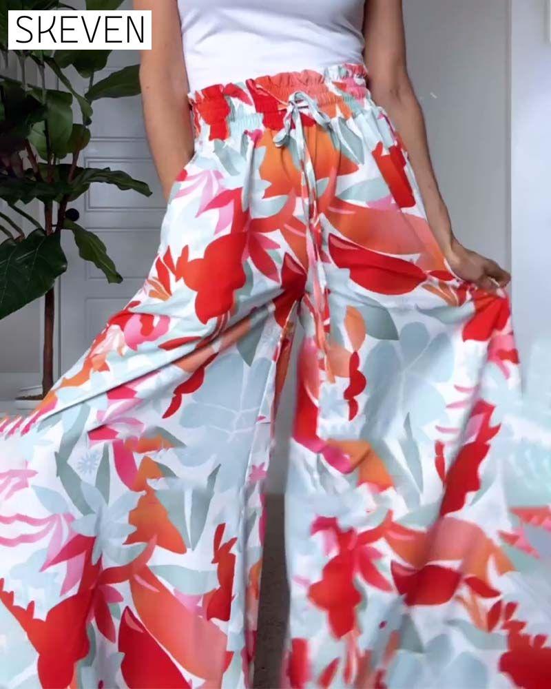 Leaf print drawstring long wide-leg pants pants spring summer