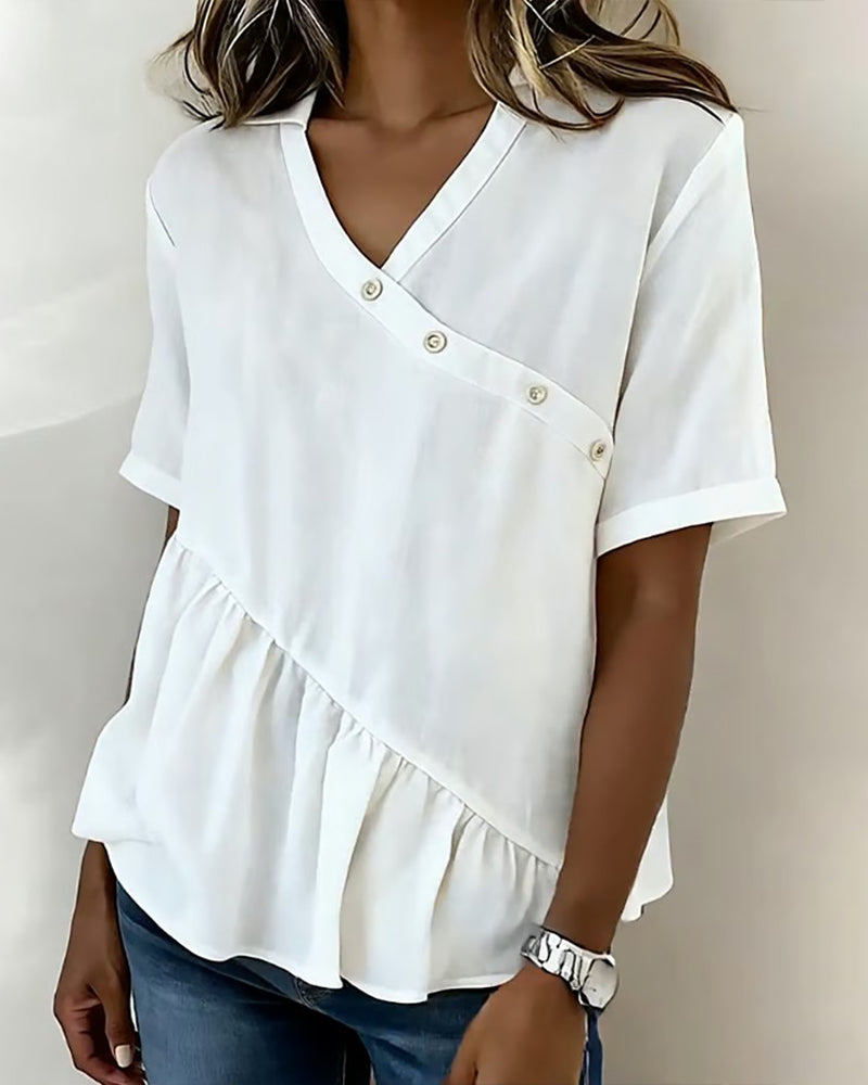 Asymmetrical Ruffled Short Sleeve Blouse