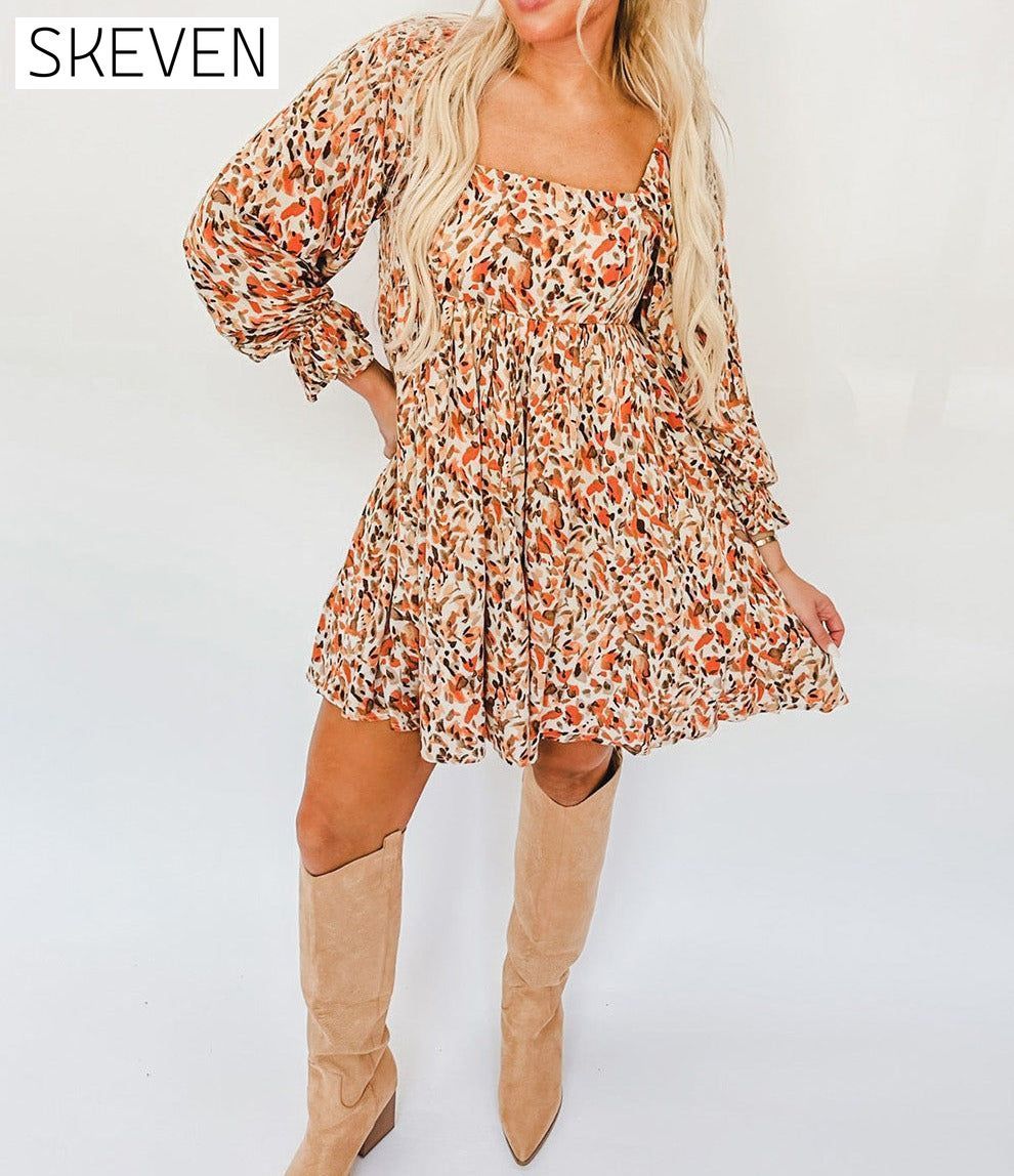 Multicolour Abstract Print High Waist Square Neck Mini Dress casual dress casual dresses clothes dress dresses long sleeve dresses long sleve dresses short dresses