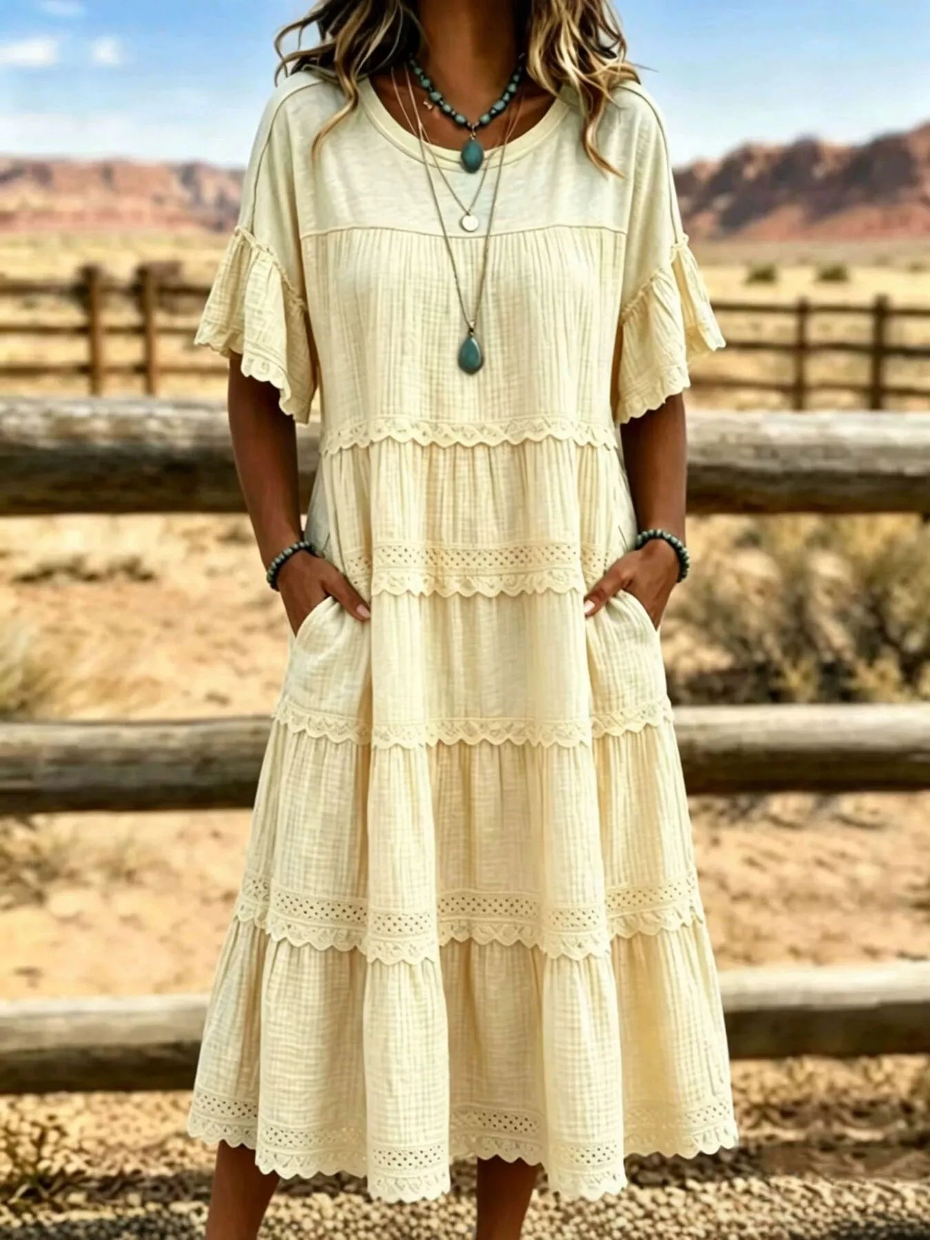 Full Size Tiered Ruffle Sleeve Midi Dress with Pockets Plus Size
