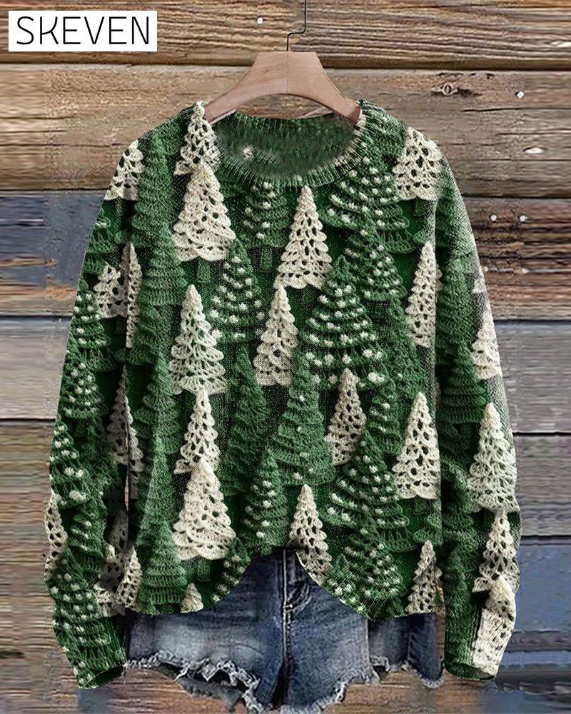 Christmas tree print crew neck long sleeve sweatshirt 2024 f/w christmas spring sweatshirts