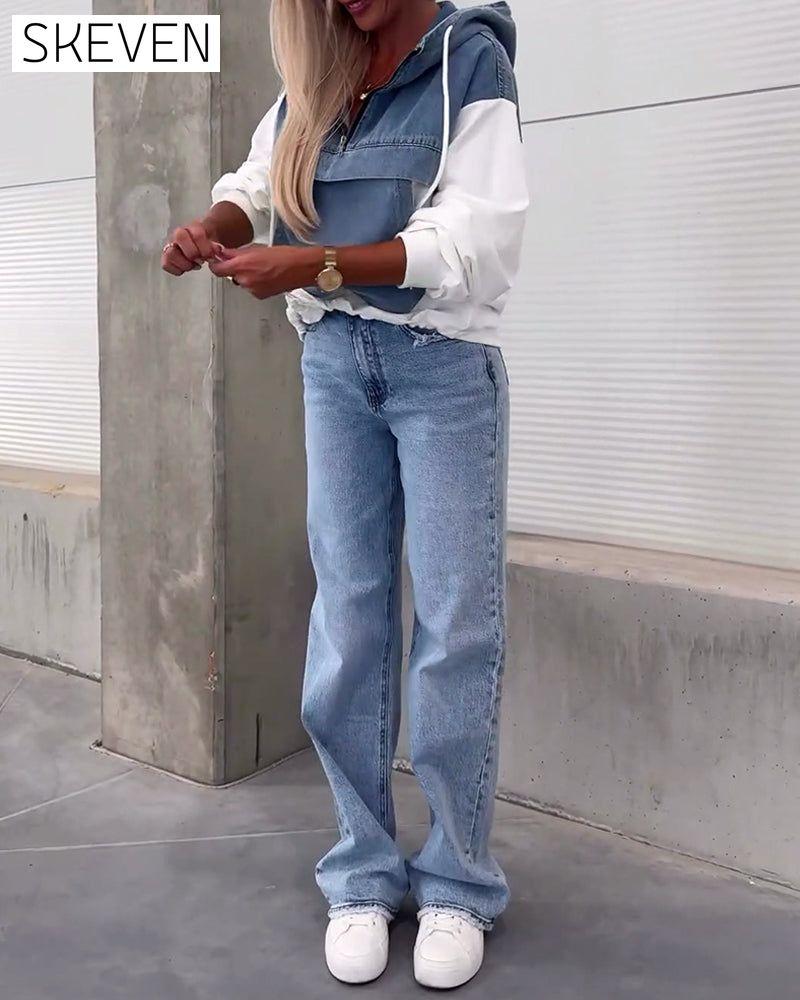 Casual denim patchwork zipper hoodie