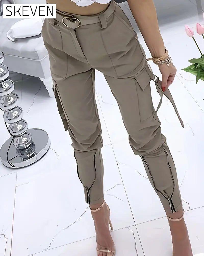 Solid Color Zipper Cargo Pants