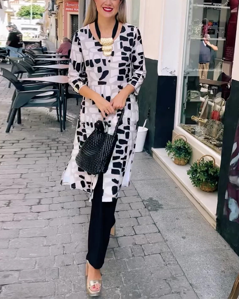 Checkered Square Hem Side-Slit Top