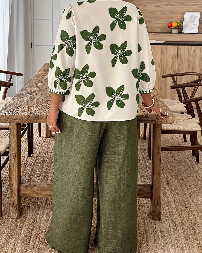 Floral Print V-Neck Top Wide-Leg Pants Set