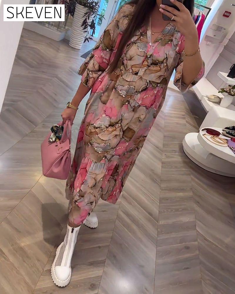 V-neck printed gentle loose dress