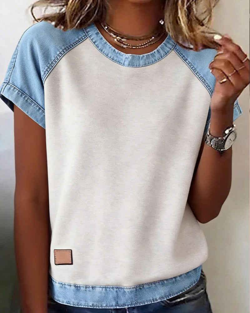 Casual Round Neck Spliced Denim Top