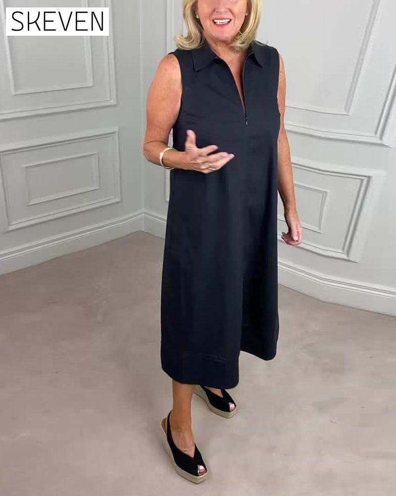 Solid color sleeveless lapel casual dress