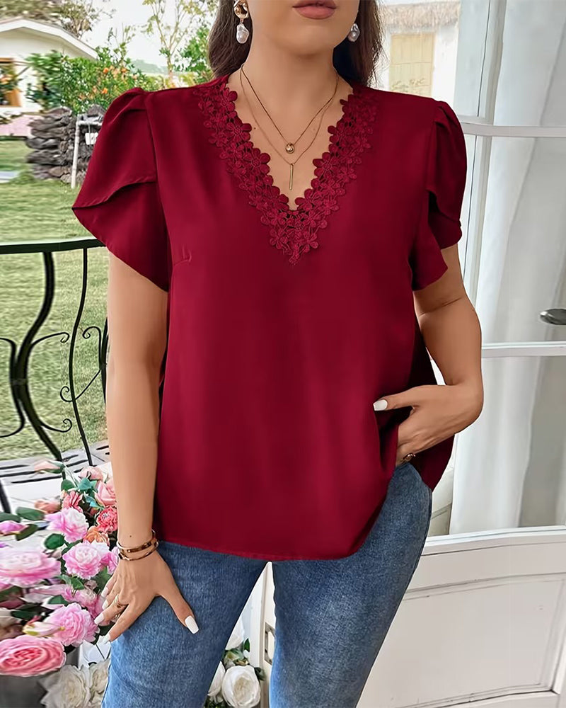 V-Neck Solid Color Puff Sleeve Blouse