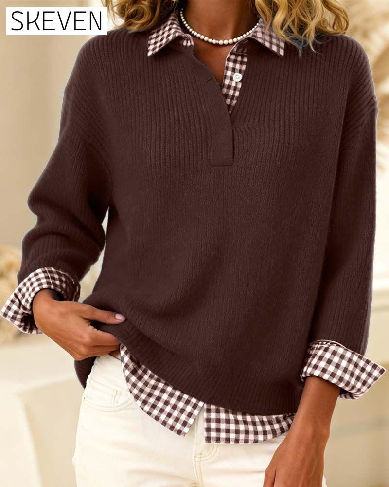 Solid Color Plaid Patchwork Jumper