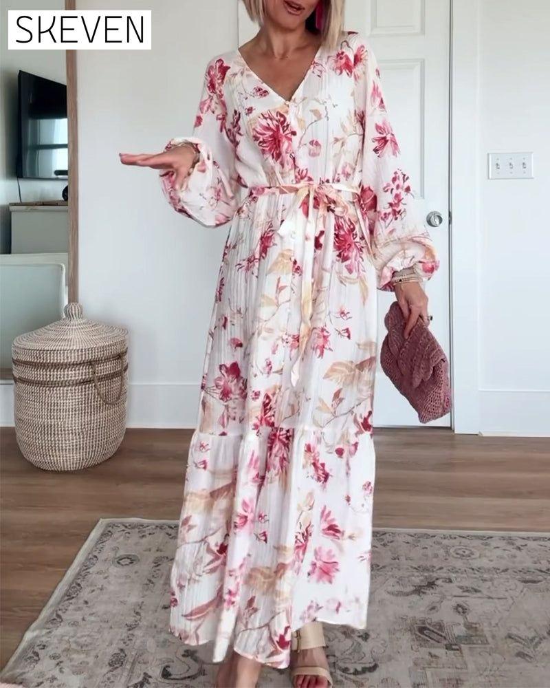 Robe élégante à imprimé floral, manches cloche et lacets