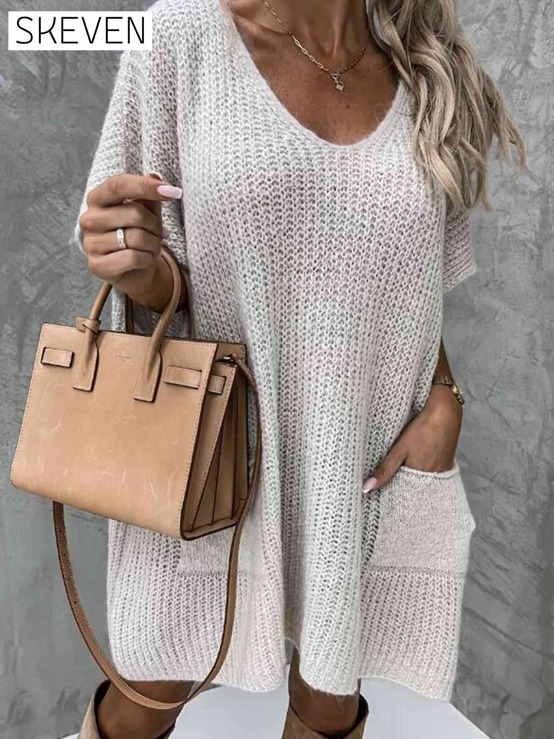 Short Sleeve Sweater Dress with Pockets A@Y@M clothes Ship From Overseas