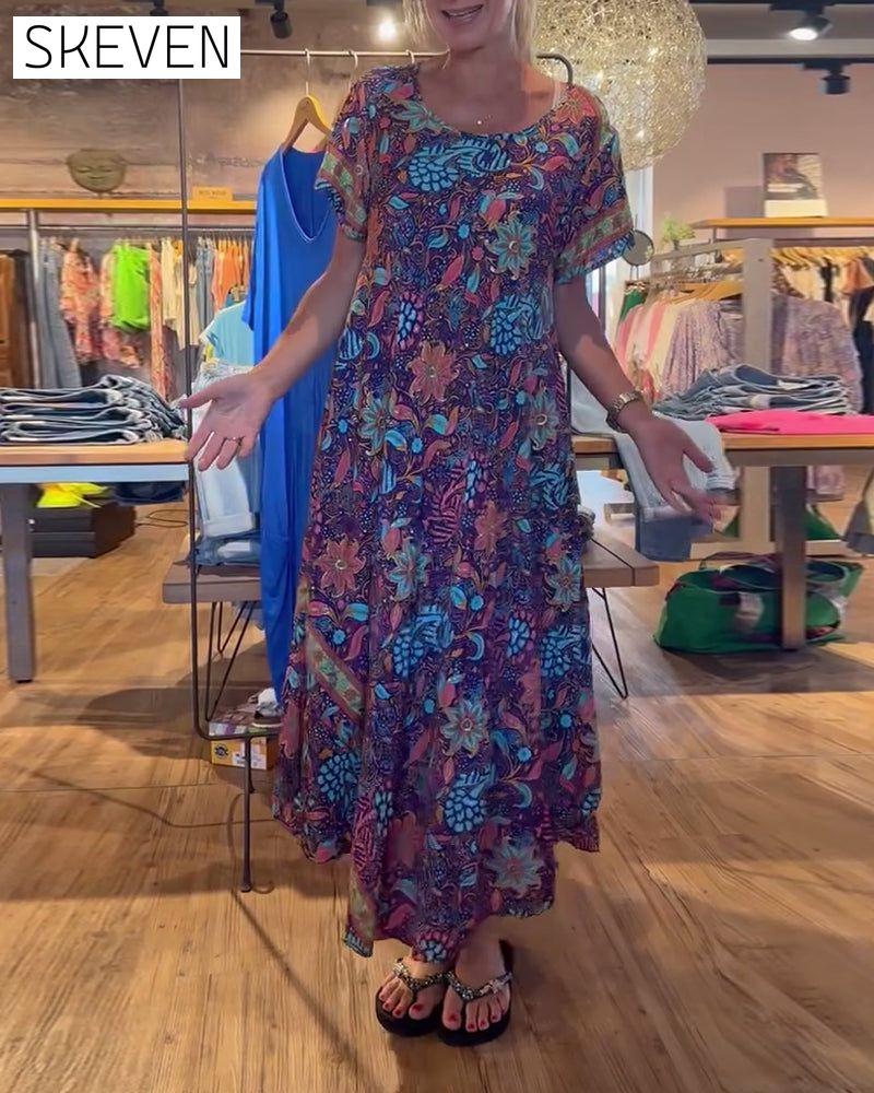 robe longue imprimée à manches courtes et col rond