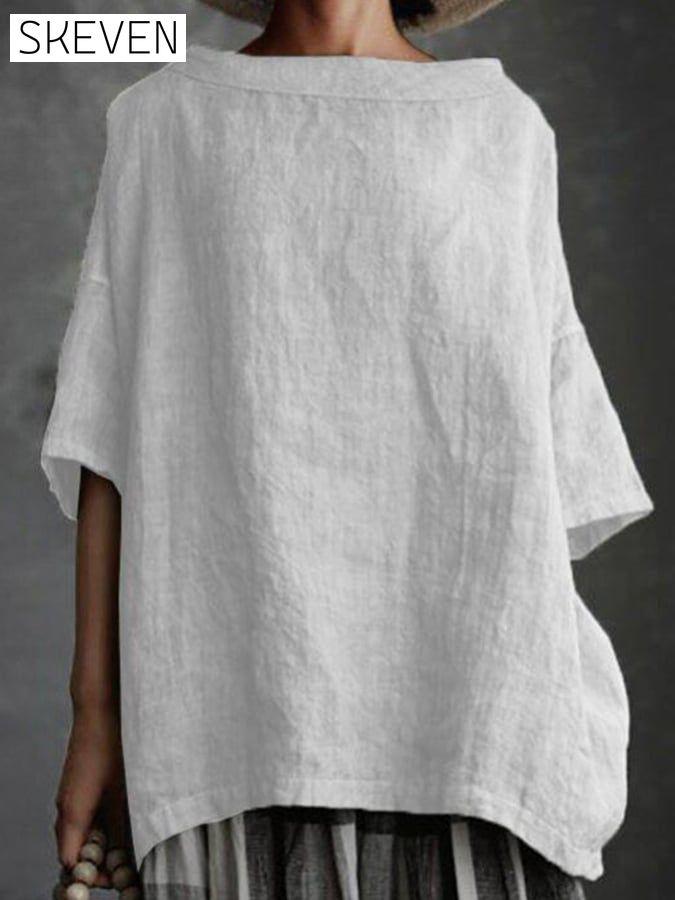 Ladies Cotton Linen Round Collar Loose Casual Shirt cotton linens