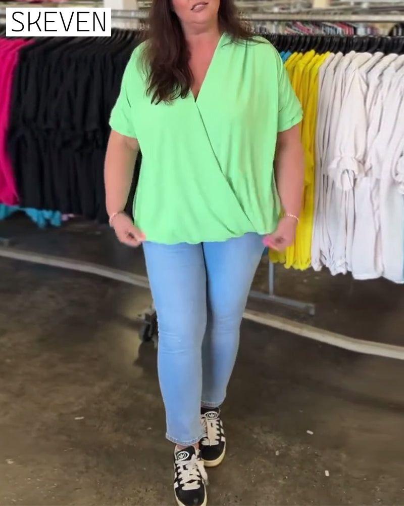 V-neck ruffle trim solid color casual blouse