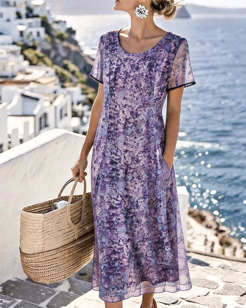 Floral Print Round-Neck Short-Sleeve Dress
