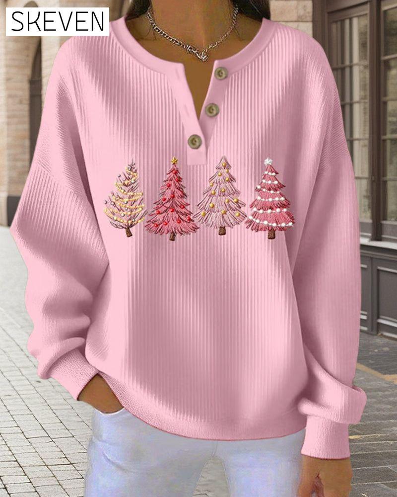 Buttoned Christmas Tree Print Sweatshirt