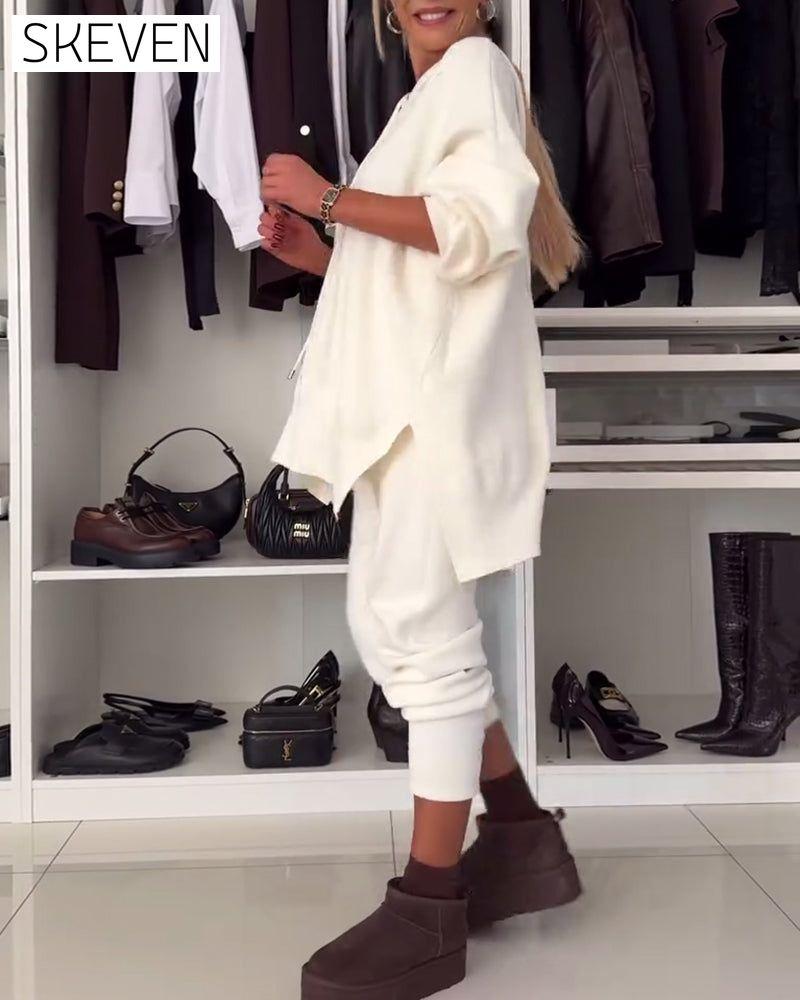 Two-piece set - solid color sweater and pants