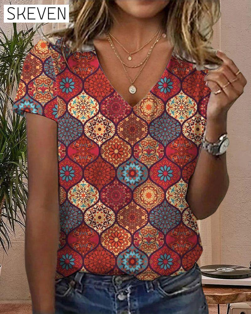 Retro-Print-T-Shirt mit V-Ausschnitt