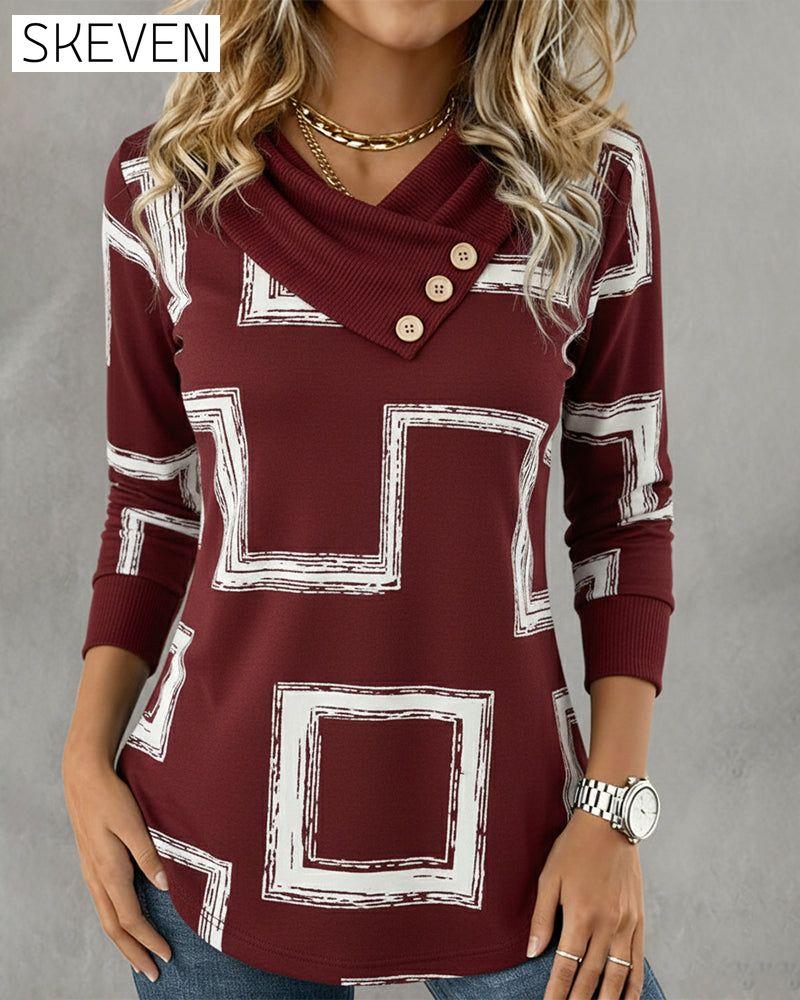 Long-Sleeved Slanted-Neck Graphic Print Top
