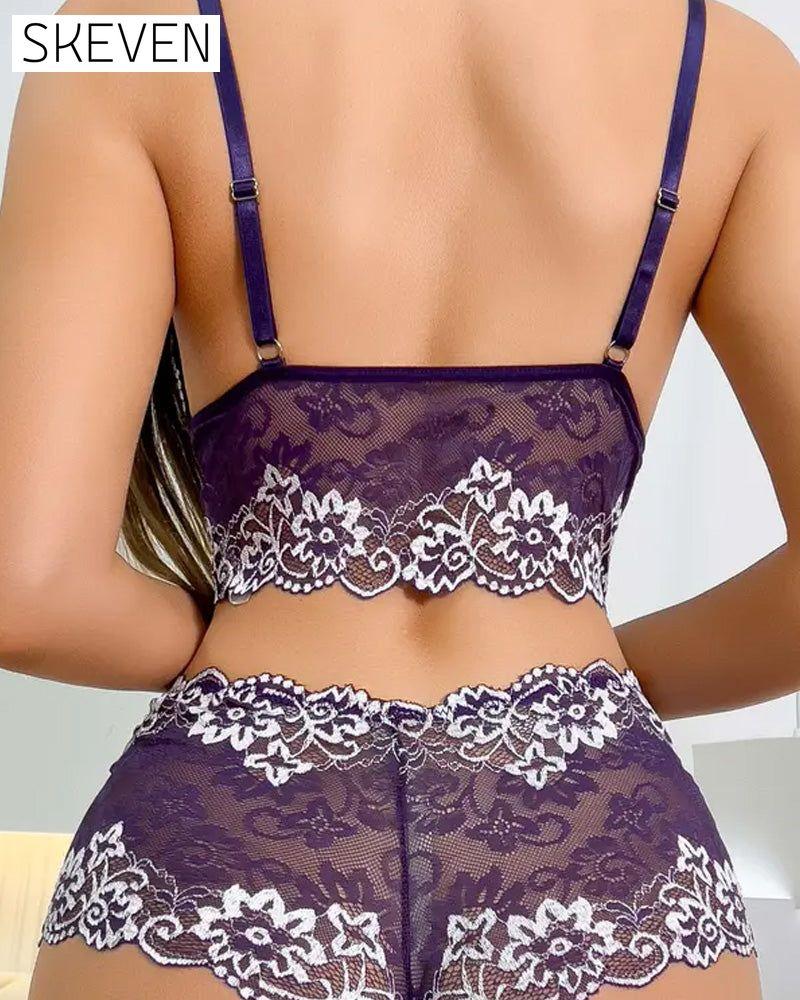Women's Floral Lace Push Up Bra & Panty Two-Piece Set