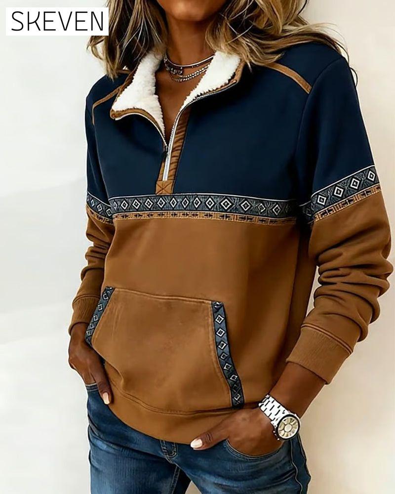 Retro-Sweatshirt mit farblich abgesetztem Pelzkragen