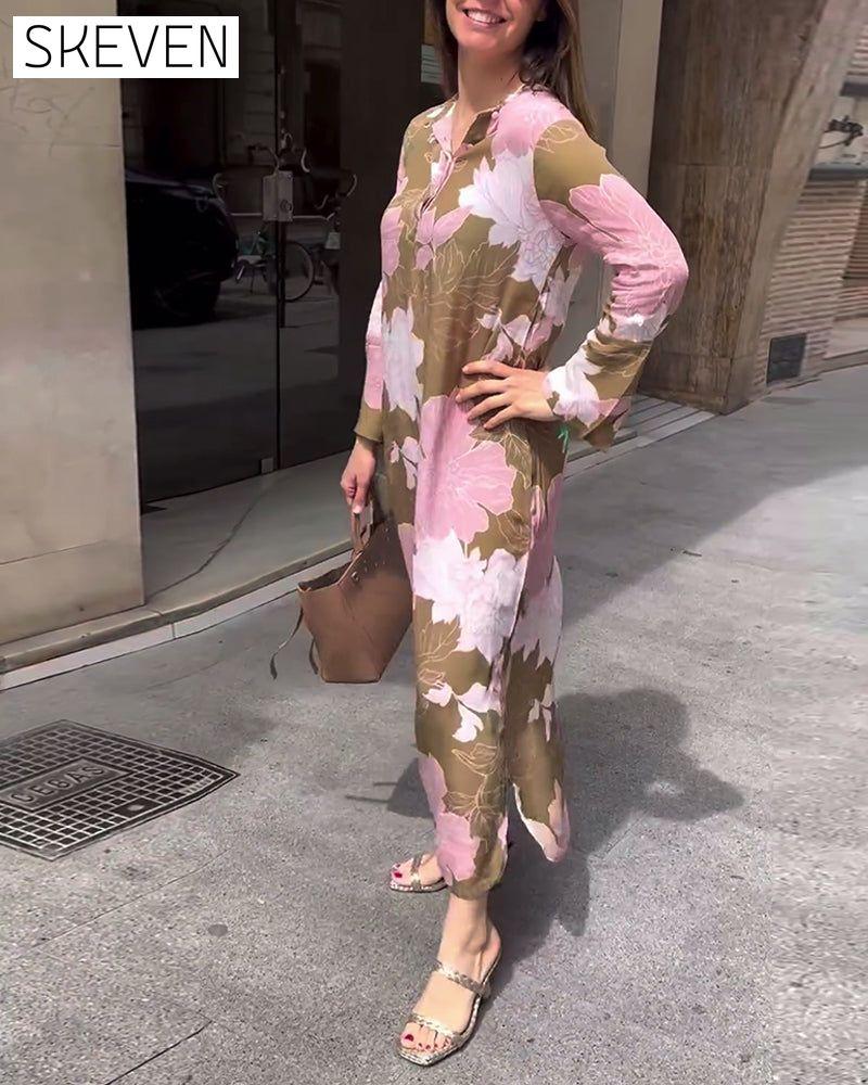 Casual floral print long sleeve slit maxi dress