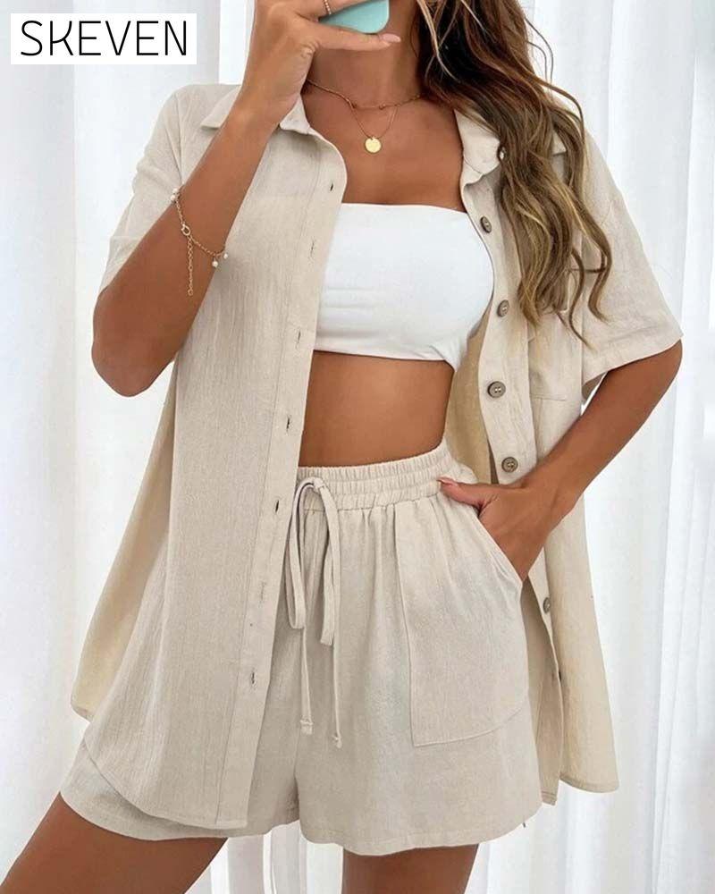 Lässiges einfarbiges Hemd- und Shorts-Set