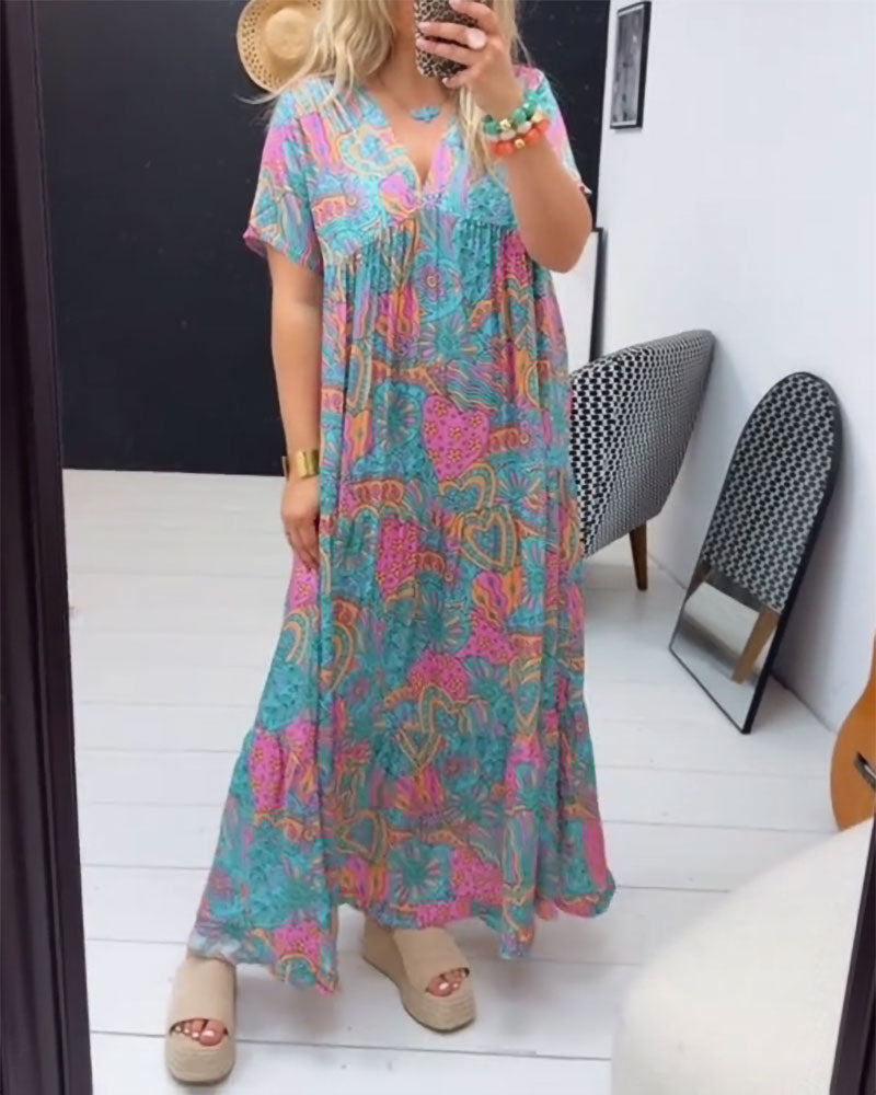 Heart Print V-Neck Maxi Dress