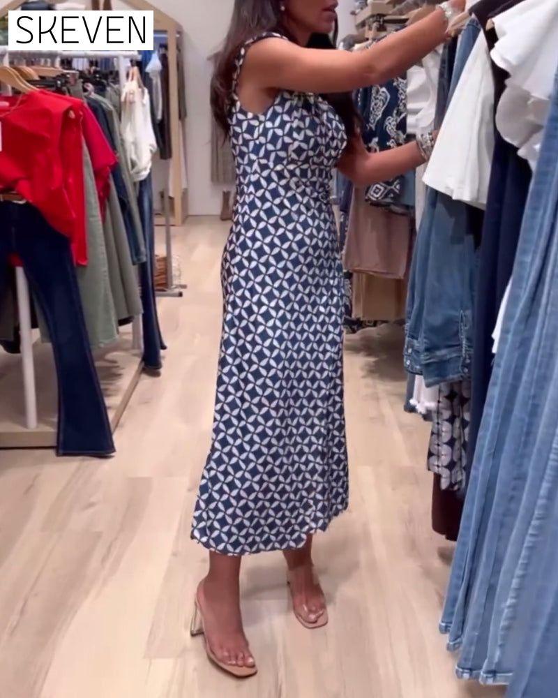 Geometric print round neck sleeveless elegant dress